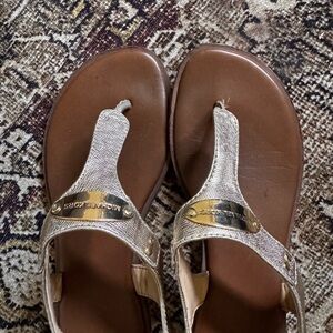 Michael Kors Gold and Brown Sandals with Metallic T-Bar Design
